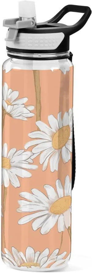 Kigai Transparent Sports Water Bottle 32oz, Daisies on Orange Leakproof Wide Mouth Water Bottle with Straw, BPA Free Water Jug with Detachable Strap & Handle for Fitness Gym Outdoor