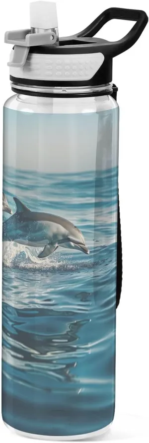Kigai Transparent Sports Water Bottle 32oz, Dolphins Leakproof Wide Mouth Water Bottle with Straw, BPA Free Water Jug with Detachable Strap & Handle for Fitness Gym Outdoor