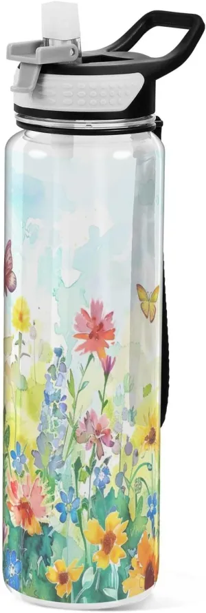 Kigai Transparent Sports Water Bottle 32oz, Field Wildflowers Leakproof Wide Mouth Water Bottle with Straw, BPA Free Water Jug with Detachable Strap & Handle for Fitness Gym Outdoor