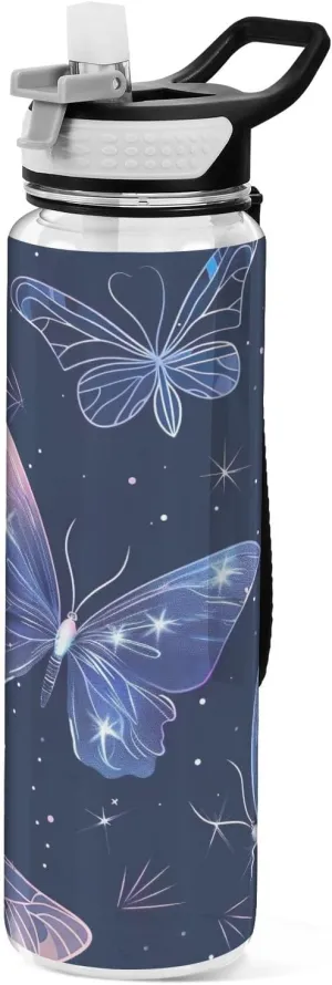 Kigai Transparent Sports Water Bottle 32oz, Glowing Butterflies Leakproof Wide Mouth Water Bottle with Straw, BPA Free Water Jug with Detachable Strap & Handle for Fitness Gym Outdoor