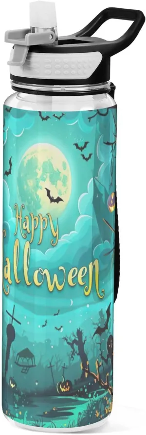 Kigai Transparent Sports Water Bottle 32oz, Happy Halloween Leakproof Wide Mouth Water Bottle with Straw, BPA Free Water Jug with Detachable Strap & Handle for Fitness Gym Outdoor