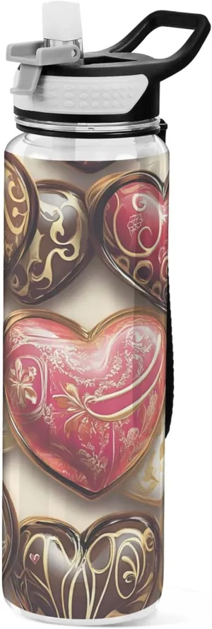 Kigai Transparent Sports Water Bottle 32oz, Heart-shaped Chocolates Leakproof Wide Mouth Water Bottle with Straw, BPA Free Water Jug with Detachable Strap & Handle for Fitness Gym Outdoor