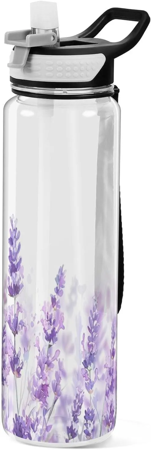 Kigai Transparent Sports Water Bottle 32oz, Lavender Flower Leakproof Wide Mouth Water Bottle with Straw, BPA Free Water Jug with Detachable Strap & Handle for Fitness Gym Outdoor