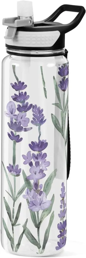 Kigai Transparent Sports Water Bottle 32oz, Lavender Flower Leakproof Wide Mouth Water Bottle with Straw, BPA Free Water Jug with Detachable Strap & Handle for Fitness Gym Outdoor