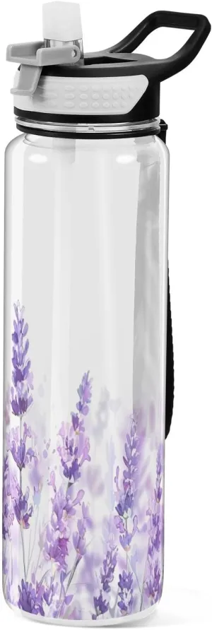 Kigai Transparent Sports Water Bottle 32oz, Lavender Flower Leakproof Wide Mouth Water Bottle with Straw, BPA Free Water Jug with Detachable Strap & Handle for Fitness Gym Outdoor