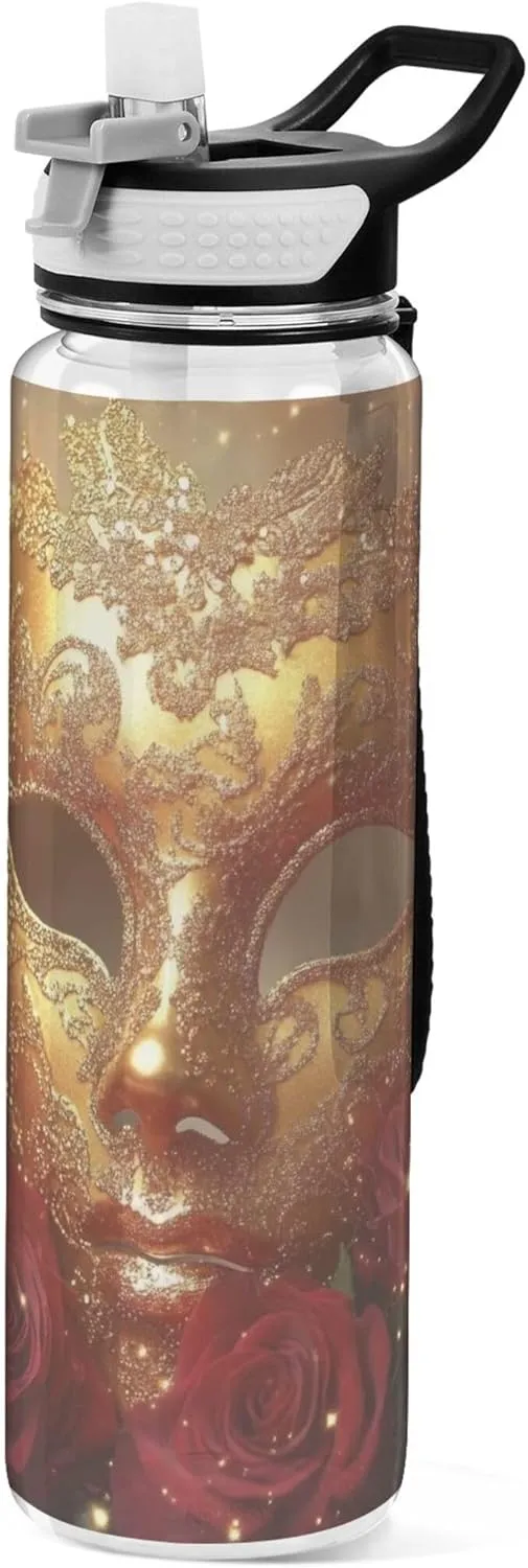 Kigai Transparent Sports Water Bottle 32oz, Mardi Gras Golden Mask Leakproof Wide Mouth Water Bottle with Straw, BPA Free Water Jug with Detachable Strap & Handle for Fitness Gym Outdoor