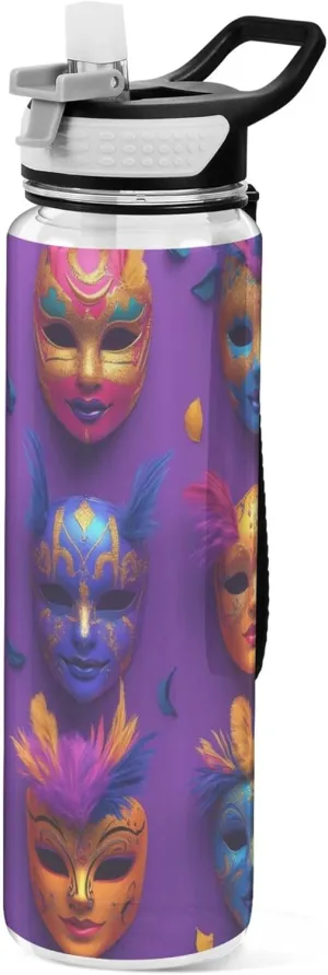 Kigai Transparent Sports Water Bottle 32oz, Mardi Gras Mask Leakproof Wide Mouth Water Bottle with Straw, BPA Free Water Jug with Detachable Strap & Handle for Fitness Gym Outdoor