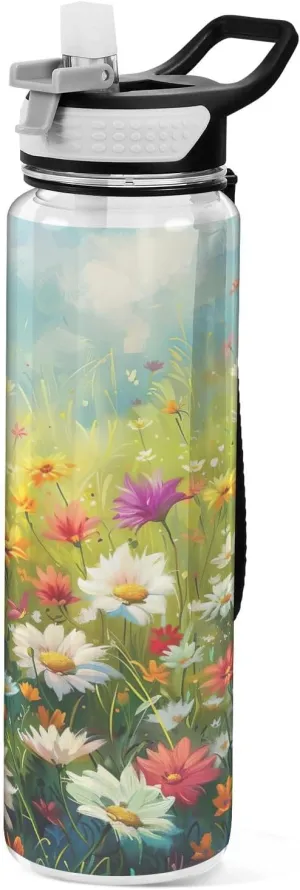 Kigai Transparent Sports Water Bottle 32oz, Meadow Wildflowers Leakproof Wide Mouth Water Bottle with Straw, BPA Free Water Jug with Detachable Strap & Handle for Fitness Gym Outdoor