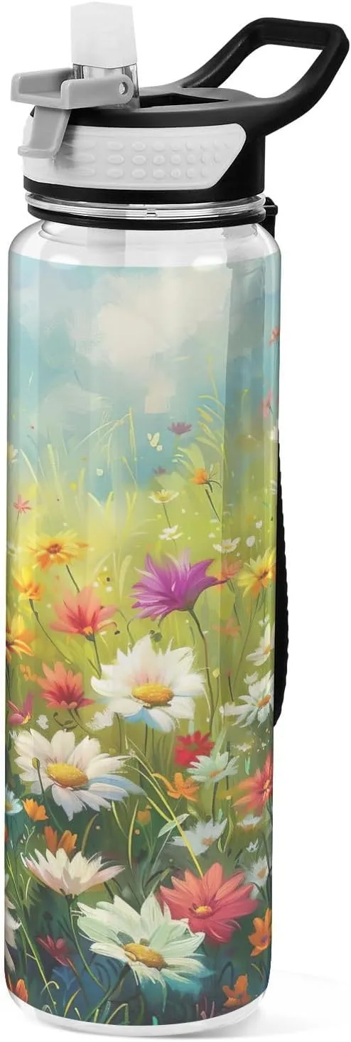 Kigai Transparent Sports Water Bottle 32oz, Meadow Wildflowers Leakproof Wide Mouth Water Bottle with Straw, BPA Free Water Jug with Detachable Strap & Handle for Fitness Gym Outdoor