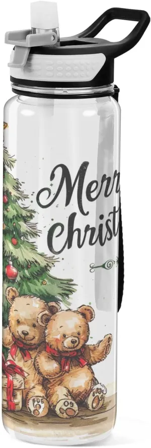 Kigai Transparent Sports Water Bottle 32oz, Merry Christmas Leakproof Wide Mouth Water Bottle with Straw, BPA Free Water Jug with Detachable Strap & Handle for Fitness Gym Outdoor