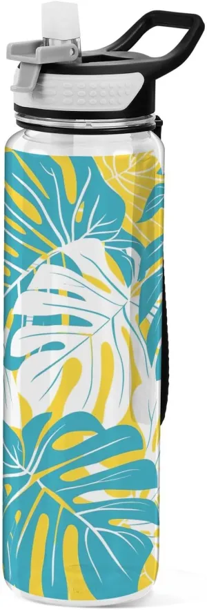 Kigai Transparent Sports Water Bottle 32oz, Monstera Leaves Leakproof Wide Mouth Water Bottle with Straw, BPA Free Water Jug with Detachable Strap & Handle for Fitness Gym Outdoor
