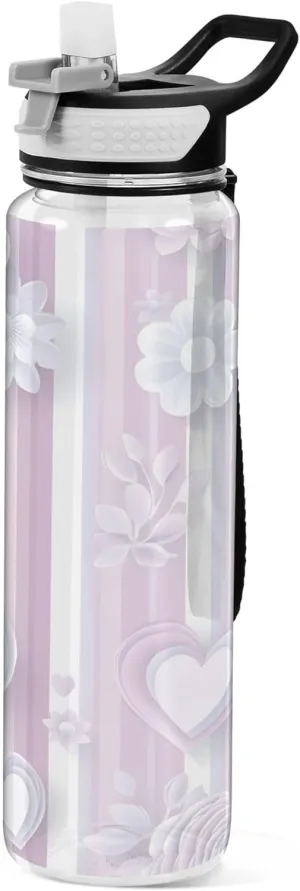 Kigai Transparent Sports Water Bottle 32oz, Pastel Hearts Stripe Leakproof Wide Mouth Water Bottle with Straw, BPA Free Water Jug with Detachable Strap & Handle for Fitness Gym Outdoor