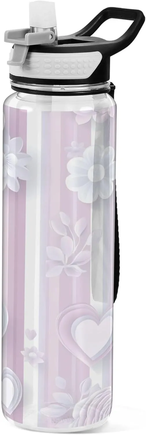 Kigai Transparent Sports Water Bottle 32oz, Pastel Hearts Stripe Leakproof Wide Mouth Water Bottle with Straw, BPA Free Water Jug with Detachable Strap & Handle for Fitness Gym Outdoor