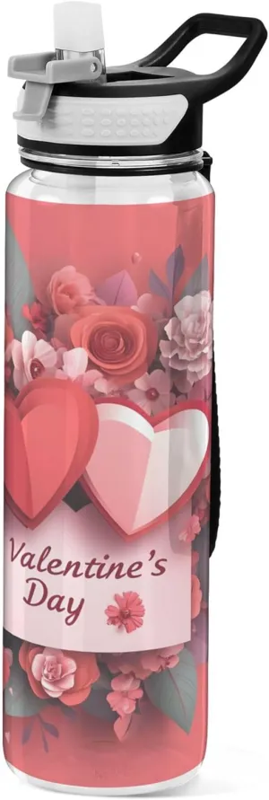 Kigai Transparent Sports Water Bottle 32oz, Pink Hearts Leakproof Wide Mouth Water Bottle with Straw, BPA Free Water Jug with Detachable Strap & Handle for Fitness Gym Outdoor