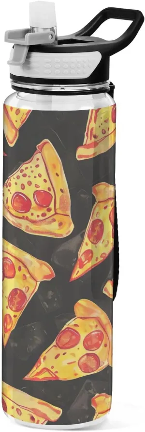 Kigai Transparent Sports Water Bottle 32oz, Pizza Slice Leakproof Wide Mouth Water Bottle with Straw, BPA Free Water Jug with Detachable Strap & Handle for Fitness Gym Outdoor
