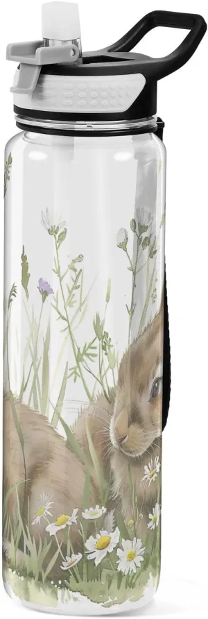 Kigai Transparent Sports Water Bottle 32oz, Rabbits in The Grass Leakproof Wide Mouth Water Bottle with Straw, BPA Free Water Jug with Detachable Strap & Handle for Fitness Gym Outdoor