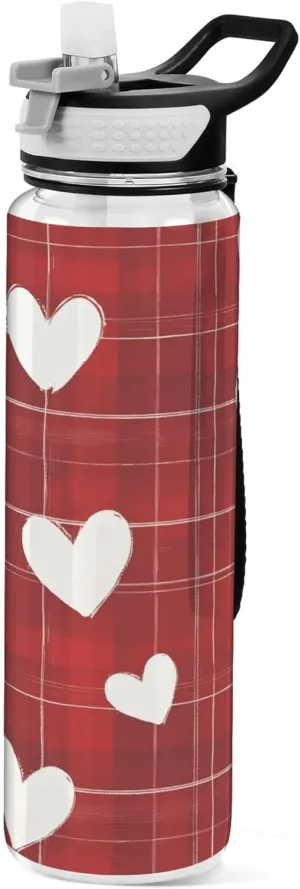 Kigai Transparent Sports Water Bottle 32oz, Red Heart Plaid Leakproof Wide Mouth Water Bottle with Straw, BPA Free Water Jug with Detachable Strap & Handle for Fitness Gym Outdoor