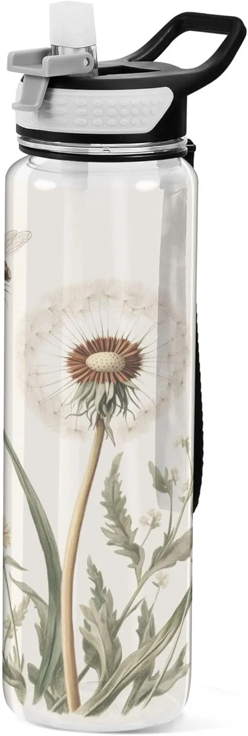 Kigai Transparent Sports Water Bottle 32oz, Retro Dragonfly Dandelion Leakproof Wide Mouth Water Bottle with Straw, BPA Free Water Jug with Detachable Strap & Handle for Fitness Gym Outdoor