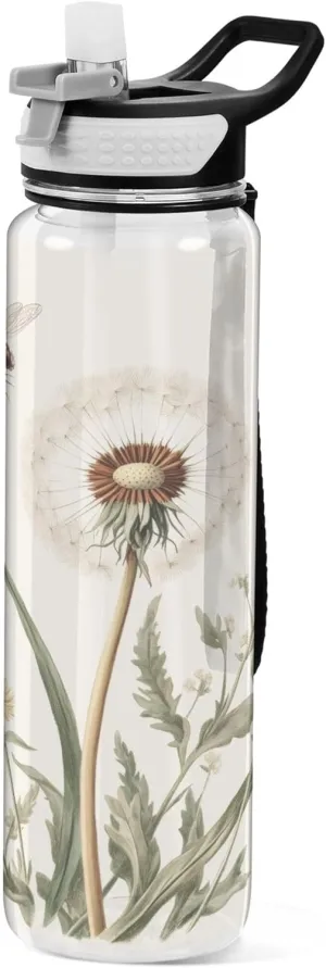 Kigai Transparent Sports Water Bottle 32oz, Retro Dragonfly Dandelion Leakproof Wide Mouth Water Bottle with Straw, BPA Free Water Jug with Detachable Strap & Handle for Fitness Gym Outdoor