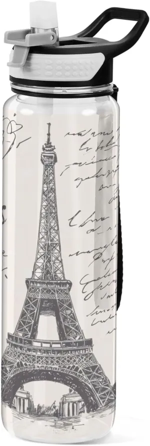 Kigai Transparent Sports Water Bottle 32oz, Retro Paris Towel Leakproof Wide Mouth Water Bottle with Straw, BPA Free Water Jug with Detachable Strap & Handle for Fitness Gym Outdoor