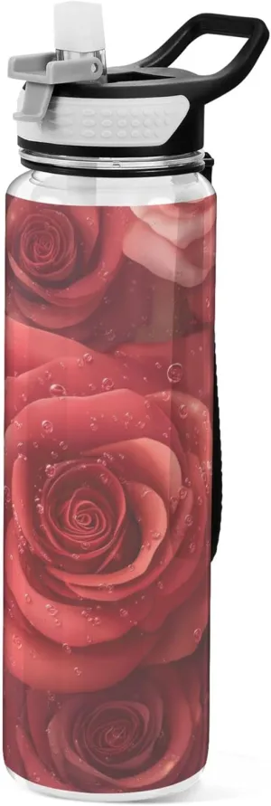 Kigai Transparent Sports Water Bottle 32oz, Roses Leakproof Wide Mouth Water Bottle with Straw, BPA Free Water Jug with Detachable Strap & Handle for Fitness Gym Outdoor