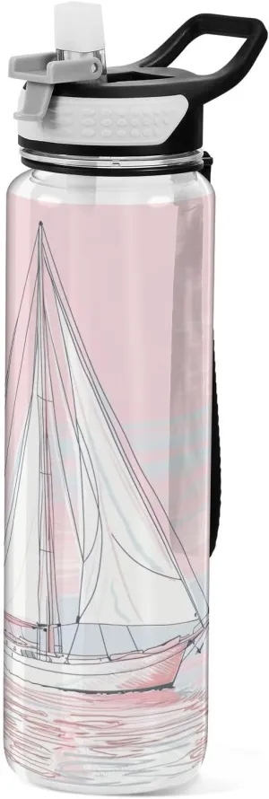 Kigai Transparent Sports Water Bottle 32oz, Sailboat Leakproof Wide Mouth Water Bottle with Straw, BPA Free Water Jug with Detachable Strap & Handle for Fitness Gym Outdoor