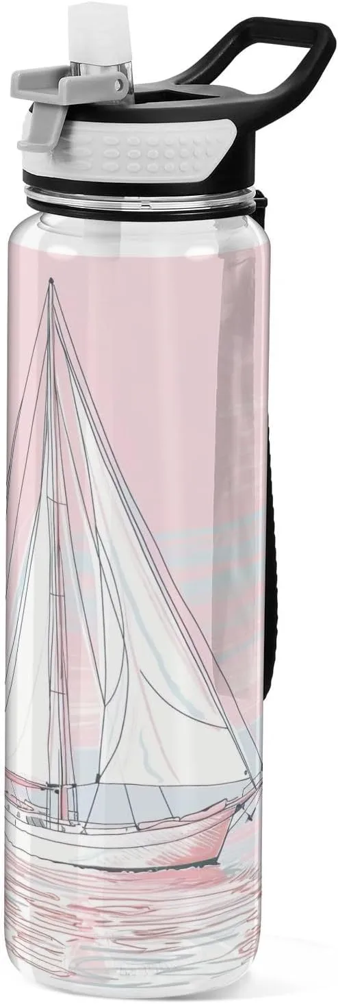 Kigai Transparent Sports Water Bottle 32oz, Sailboat Leakproof Wide Mouth Water Bottle with Straw, BPA Free Water Jug with Detachable Strap & Handle for Fitness Gym Outdoor