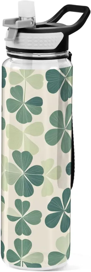 Kigai Transparent Sports Water Bottle 32oz, Shamrock Leaves Leakproof Wide Mouth Water Bottle with Straw, BPA Free Water Jug with Detachable Strap & Handle for Fitness Gym Outdoor