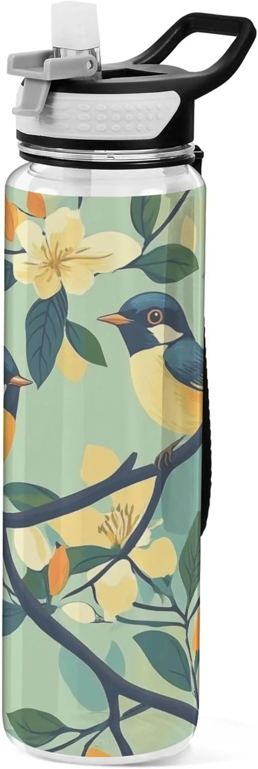Kigai Transparent Sports Water Bottle 32oz, Spring Bird Flower Leakproof Wide Mouth Water Bottle with Straw, BPA Free Water Jug with Detachable Strap & Handle for Fitness Gym Outdoor