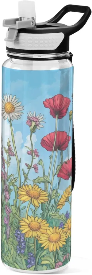 Kigai Transparent Sports Water Bottle 32oz, Spring Wildflowers Leakproof Wide Mouth Water Bottle with Straw, BPA Free Water Jug with Detachable Strap & Handle for Fitness Gym Outdoor