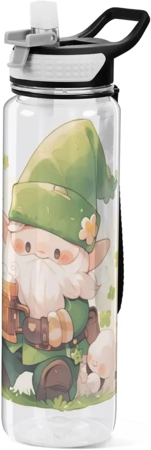 Kigai Transparent Sports Water Bottle 32oz, St. Patrick Gnomes Leakproof Wide Mouth Water Bottle with Straw, BPA Free Water Jug with Detachable Strap & Handle for Fitness Gym Outdoor