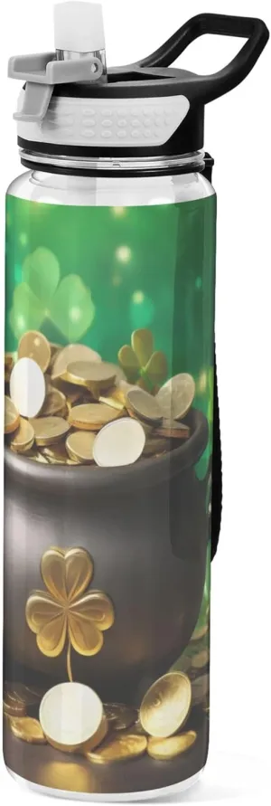 Kigai Transparent Sports Water Bottle 32oz, St. Patrick Gold Leakproof Wide Mouth Water Bottle with Straw, BPA Free Water Jug with Detachable Strap & Handle for Fitness Gym Outdoor