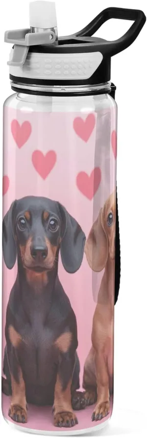 Kigai Transparent Sports Water Bottle 32oz, Valentine Dog Leakproof Wide Mouth Water Bottle with Straw, BPA Free Water Jug with Detachable Strap & Handle for Fitness Gym Outdoor
