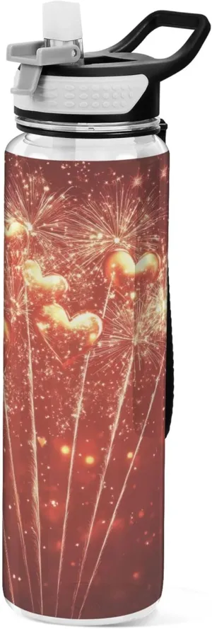 Kigai Transparent Sports Water Bottle 32oz, Valentine Heart Firework Leakproof Wide Mouth Water Bottle with Straw, BPA Free Water Jug with Detachable Strap & Handle for Fitness Gym Outdoor