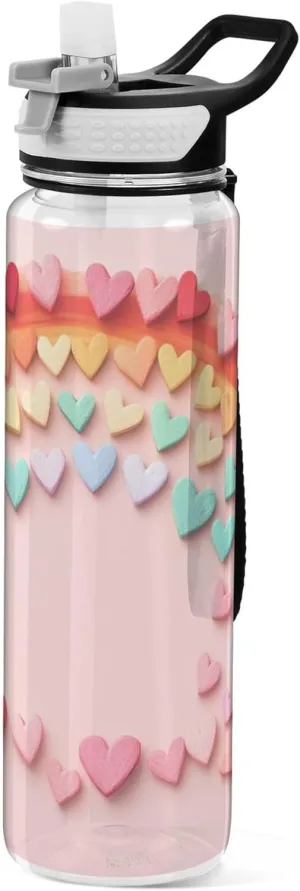 Kigai Transparent Sports Water Bottle 32oz, Valentine Rainbow Heart Leakproof Wide Mouth Water Bottle with Straw, BPA Free Water Jug with Detachable Strap & Handle for Fitness Gym Outdoor