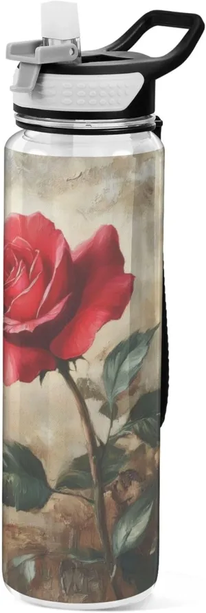 Kigai Transparent Sports Water Bottle 32oz, Valentine Retro Rose Leakproof Wide Mouth Water Bottle with Straw, BPA Free Water Jug with Detachable Strap & Handle for Fitness Gym Outdoor