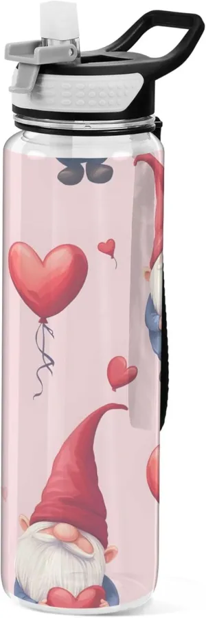 Kigai Transparent Sports Water Bottle 32oz, Valentine's Day Gnomes Holding Heart-shaped Balloons Leakproof Wide Mouth Water Bottle with Straw, BPA Free Water Jug with Detachable Strap & Handle for Fit