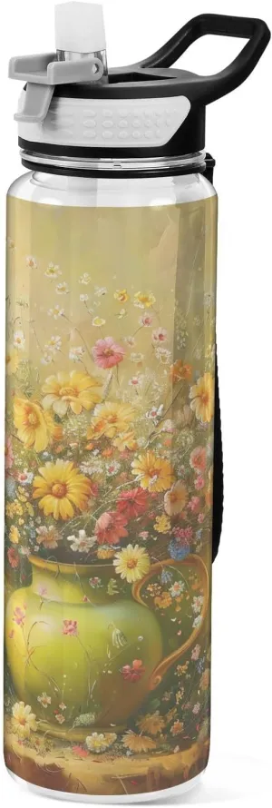 Kigai Transparent Sports Water Bottle 32oz, Vase Of Flowers Leakproof Wide Mouth Water Bottle with Straw, BPA Free Water Jug with Detachable Strap & Handle for Fitness Gym Outdoor