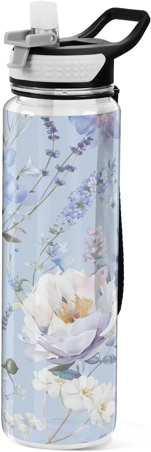 Kigai Transparent Sports Water Bottle 32oz, White Peonies Leakproof Wide Mouth Water Bottle with Straw, BPA Free Water Jug with Detachable Strap & Handle for Fitness Gym Outdoor