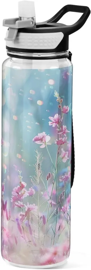 Kigai Transparent Sports Water Bottle 32oz, Wildflowers in Pastel Colors Leakproof Wide Mouth Water Bottle with Straw, BPA Free Water Jug with Detachable Strap & Handle for Fitness Gym Outdoor