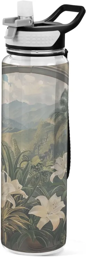 Kigai Transparent Sports Water Bottle 32oz, Windowsill Flowers Leakproof Wide Mouth Water Bottle with Straw, BPA Free Water Jug with Detachable Strap & Handle for Fitness Gym Outdoor