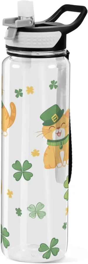 Kigai Transparent Sports Water Bottle 32oz, Yellow Cats in Green Hats Clovers Leakproof Wide Mouth Water Bottle with Straw, BPA Free Water Jug with Detachable Strap & Handle for Fitness Gym Outdoor