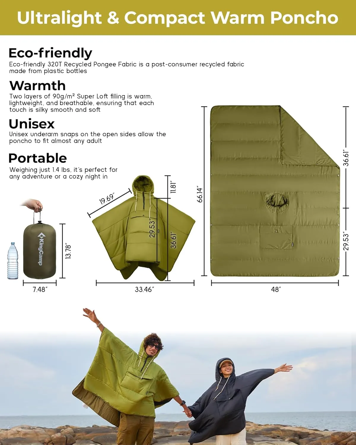 KingCamp Camping Wearable Hoodie Blanket Poncho Ultralight Sleeping Bag Adult, Outdoor Stadium Water-Repellent Christmas Gift