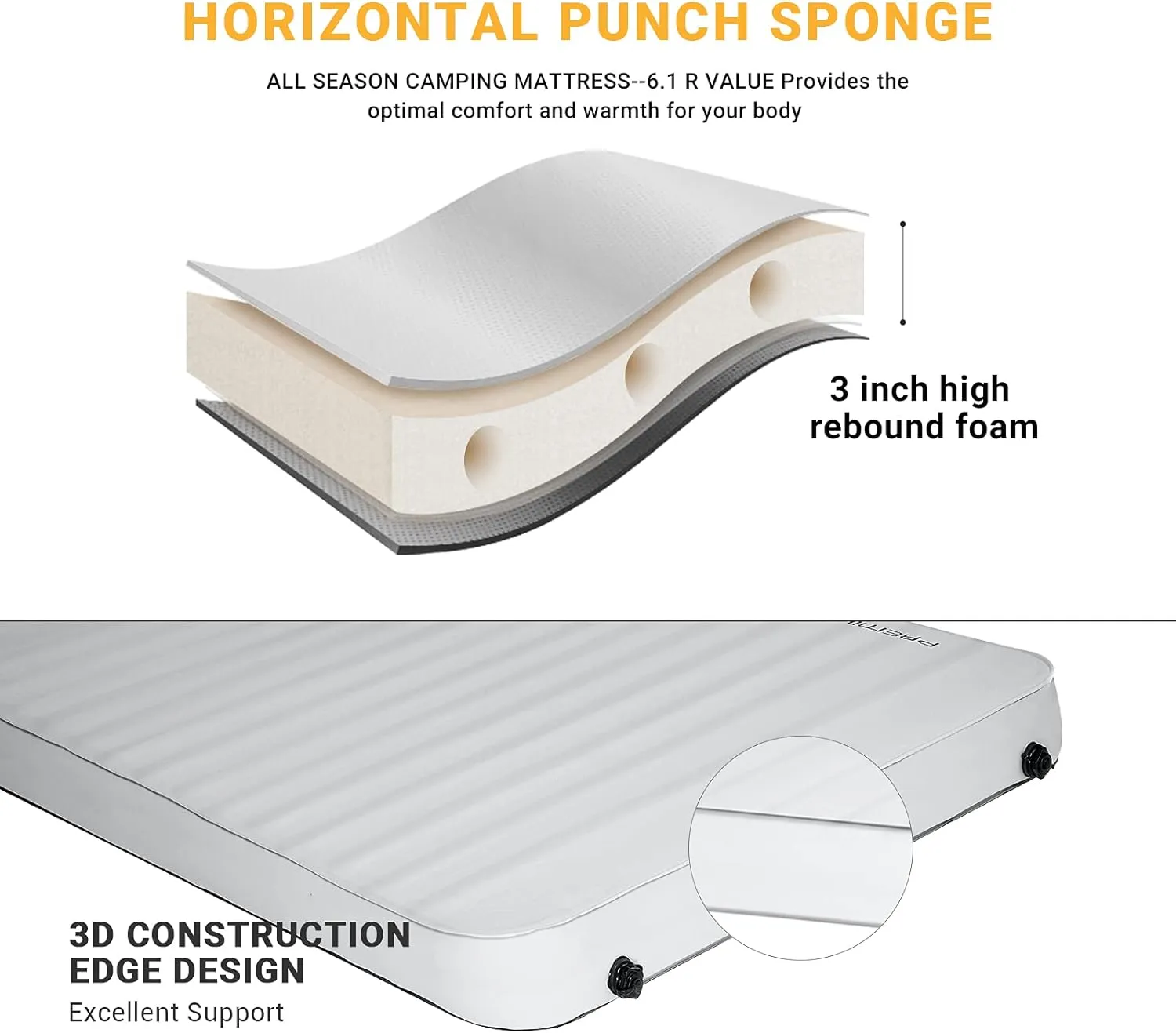 KingCamp Double Sleeping Pad, 2 Person Queen R 7.9 Self Inflating Sleeping Pad, 3" Ultra Thick Full Size Foam Mattress Mat with Pump Sack for Camping Outdoor Tent Car, PVC Free (Lightgrey/Charcoal)