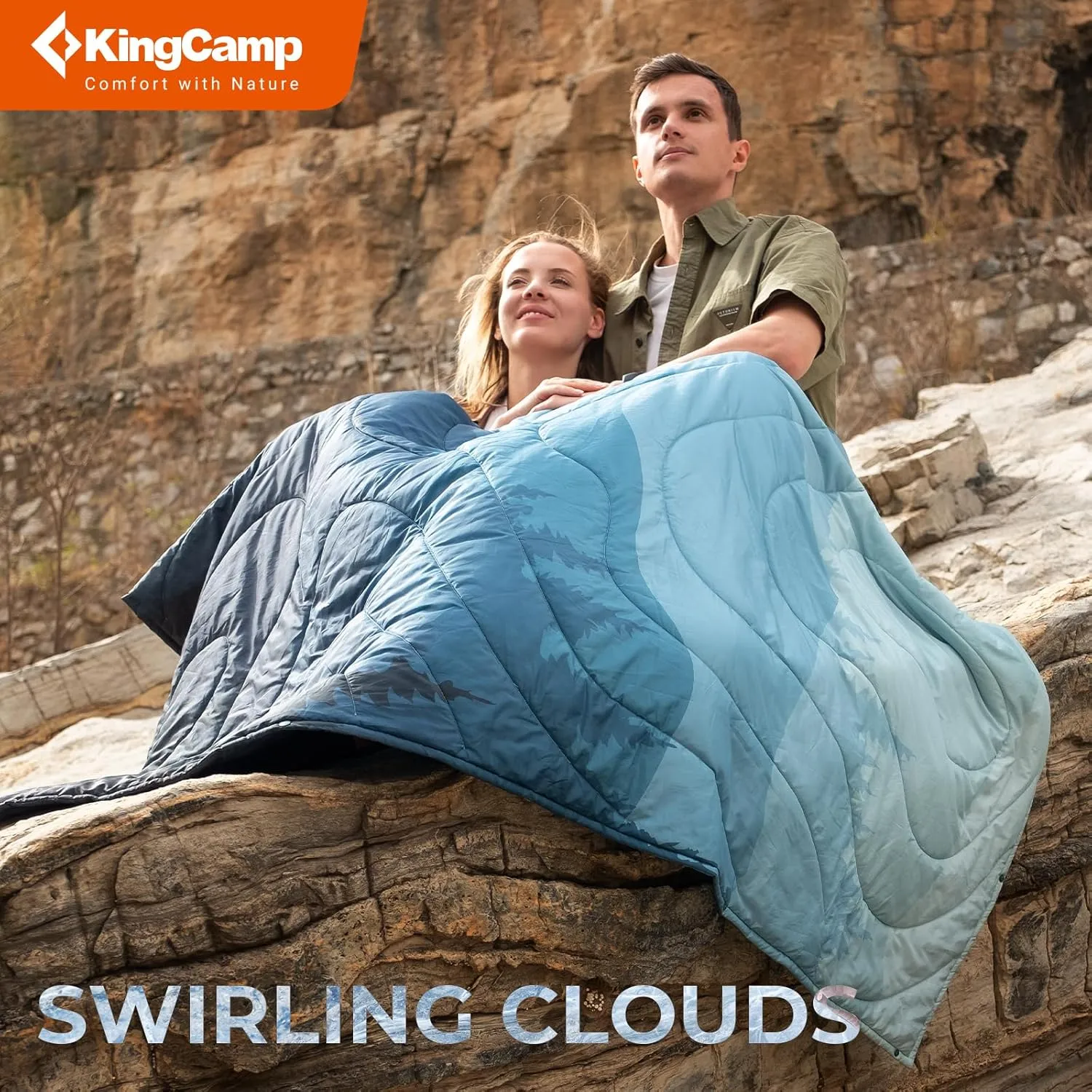 KingCamp Ultralight Camping Blanket, Packable Down Alternative Puffy Printed Wearable Blanket with Snap Buttons & Corner Loops Weatherproof Quilt for Outdoor Travel Stadium (79"L x 57”W, CYAN)
