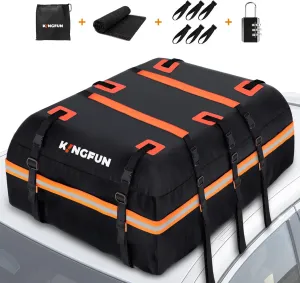 Kingfun Rooftop Cargo Carrier - Waterproof 15 Cubic Feet Car Roof Bag for All Vechicles with/Without Racks, Includes Anti-Slip Mat, 8 Reinforced Straps, 6 Door Hooks, Luggage Lock
