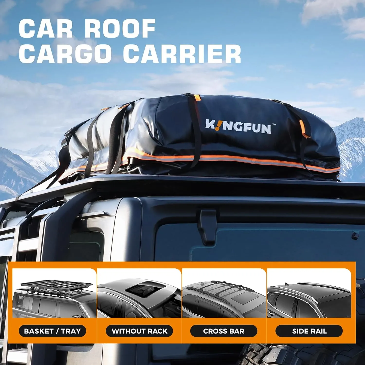 Kingfun Rooftop Cargo Carrier - Waterproof 15 Cubic Feet Car Roof Bag for All Vechicles with/Without Racks, Includes Anti-Slip Mat, 8 Reinforced Straps, 6 Door Hooks, Luggage Lock