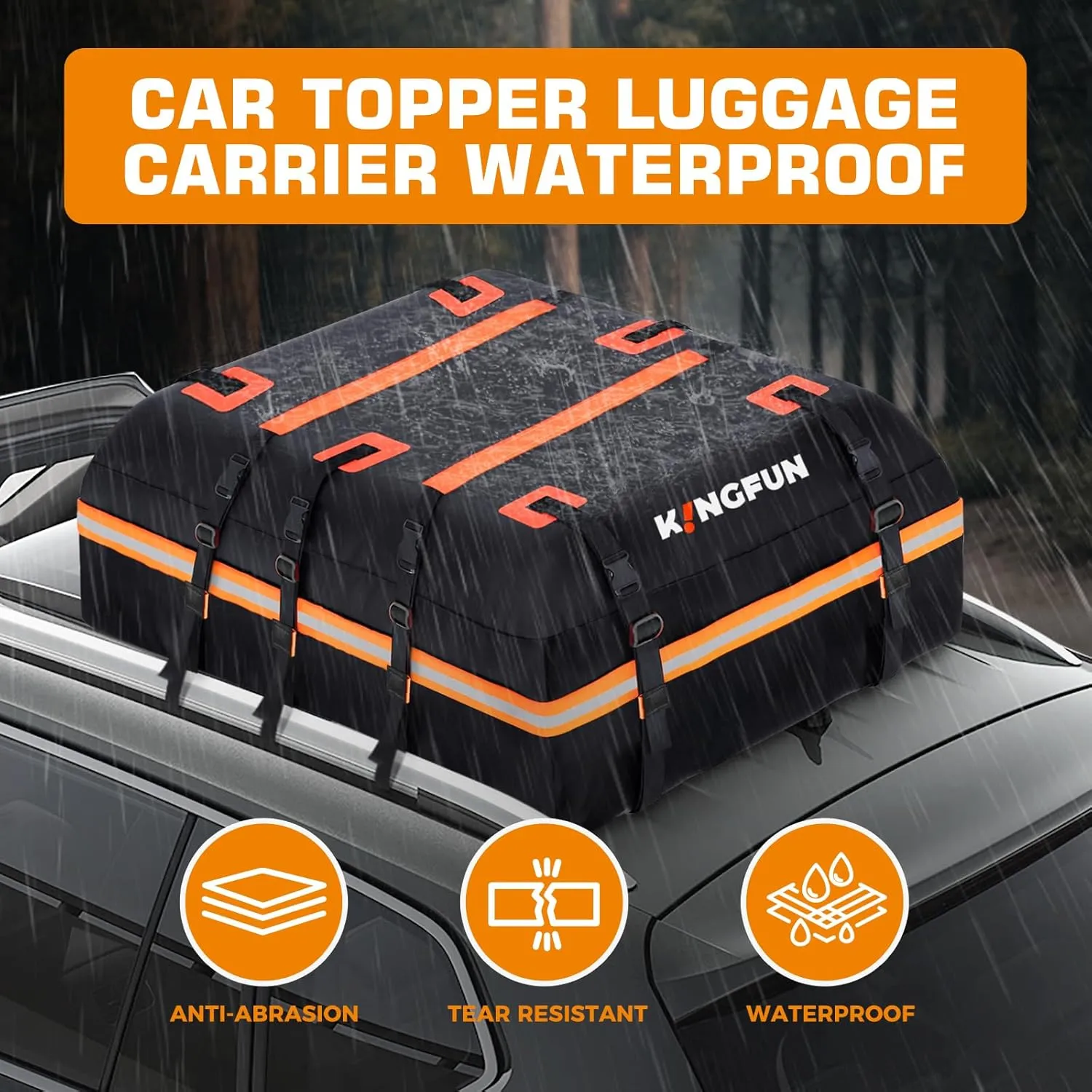 Kingfun Rooftop Cargo Carrier - Waterproof 15 Cubic Feet Car Roof Bag for All Vechicles with/Without Racks, Includes Anti-Slip Mat, 8 Reinforced Straps, 6 Door Hooks, Luggage Lock