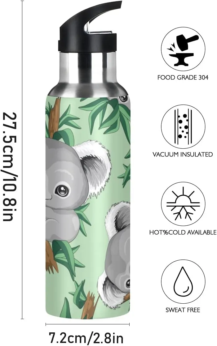 Koala Water Bottle Kids Koala Bottle with Straw Lid Leakproof Cute Animal Print Girls Insulated Stainless Steel Water Flask for Sport Gym Outdoor 20 oz Green