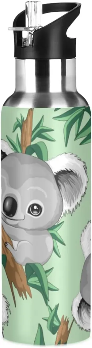 Koala Water Bottle Kids Koala Bottle with Straw Lid Leakproof Cute Animal Print Girls Insulated Stainless Steel Water Flask for Sport Gym Outdoor 20 oz Green